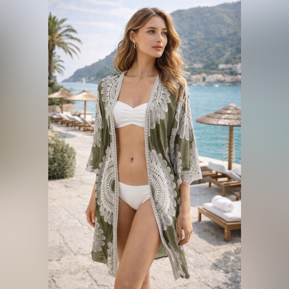 Ultra Pink Green White Embroidered Floral Open Cardigan Kimono Coastal Size M